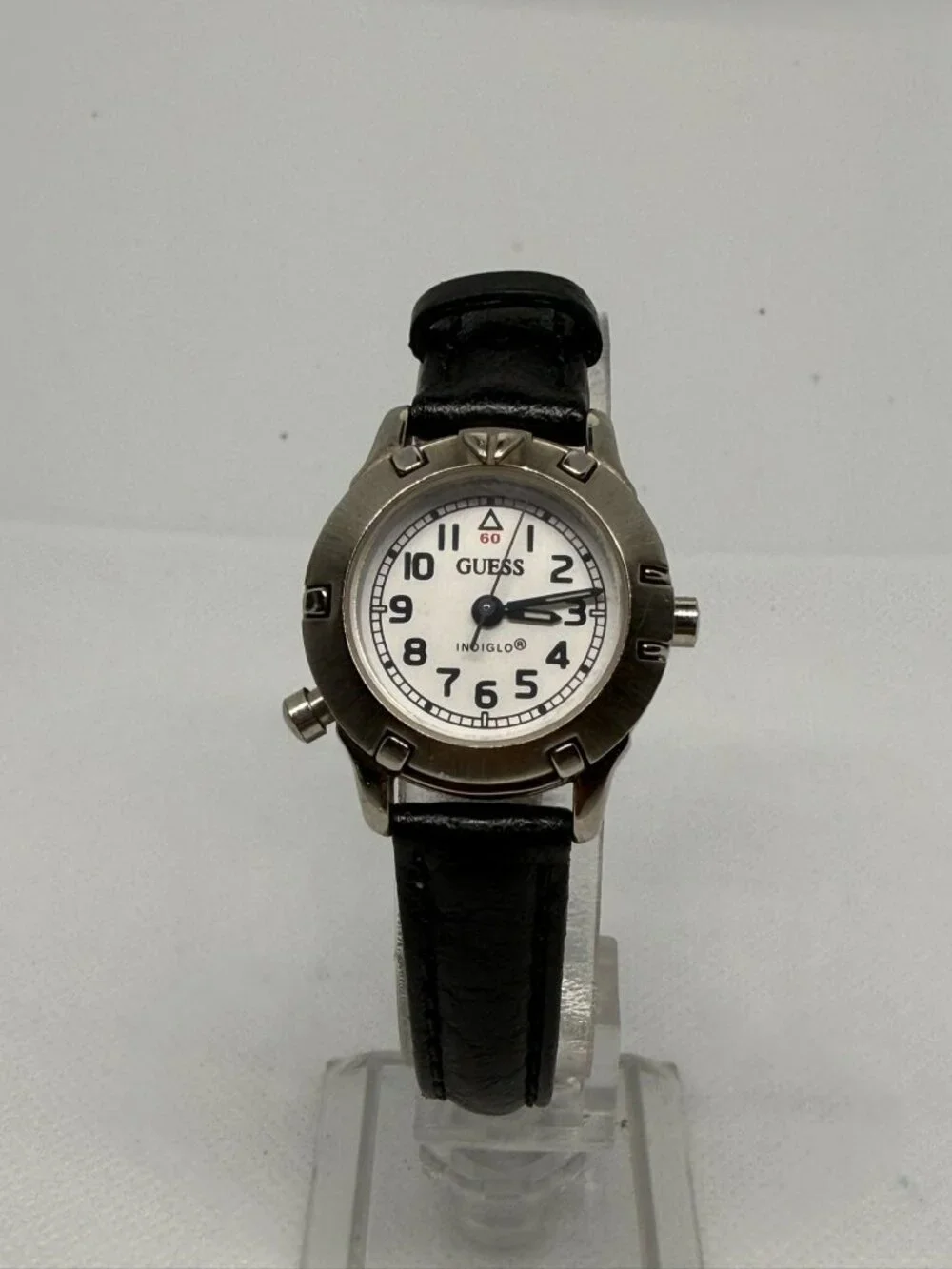 GUESS Vintage 1990s Indiglo Women's Silver-Tone Watch White Dial Black Leather